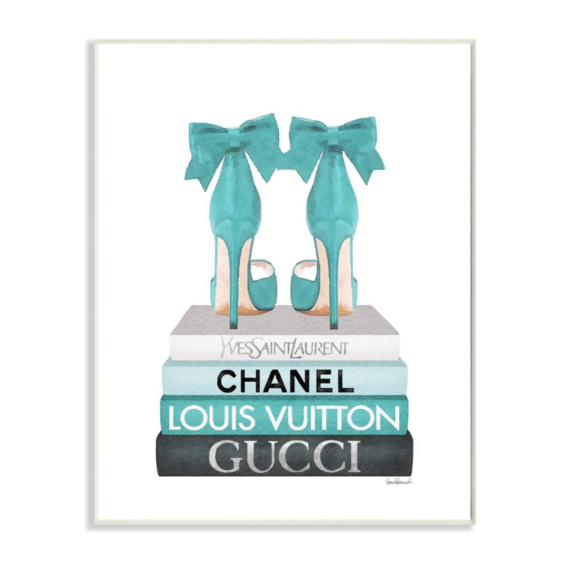 Stupell Industries Turquoise Bow Heels on Books Women's Fashion Wood Wall Plaque